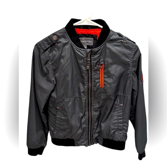 Michael Kors Grey Moto Bomber Jacket Orange Patch Boys Size 11/12 - Picture 1 of 3